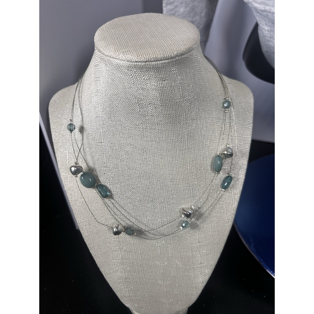 Multi Strand Floating Necklace Greenish/blue & Silver Beads Fashion